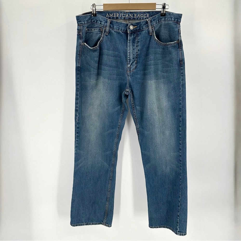 American Eagle Jeans Mens 36x32 Blue Low Loose Whiskered Skate Distressed Denim